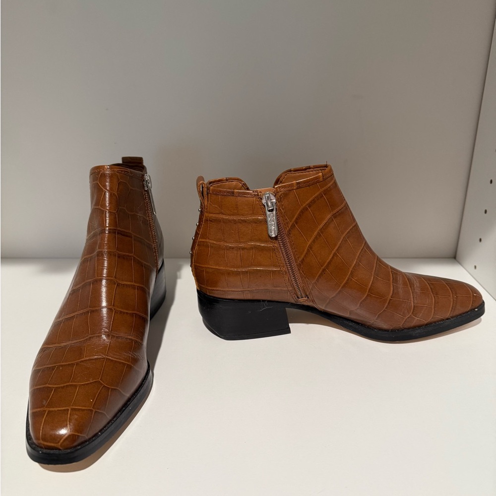 Franco Sarto Tan Crocodile Pattern Ankle Booties